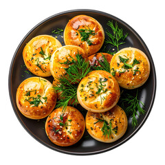 Ukrainian pampushky with garlic and dill on a dark plate,isolated on white background soft, fluffy rolls perfect as a side for borscht or any meal