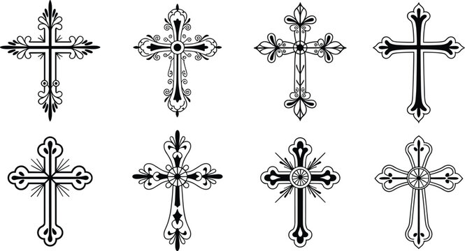 Ornate Christian cross set, decorative religious symbols, elegant spiritual icons, symmetrical sacred designs, vintage embellishments, flat vector illustration