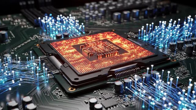Closeup of a glowing, overheating computer processor on a circuit board with blue light trails symbolizing data flow and intense heat