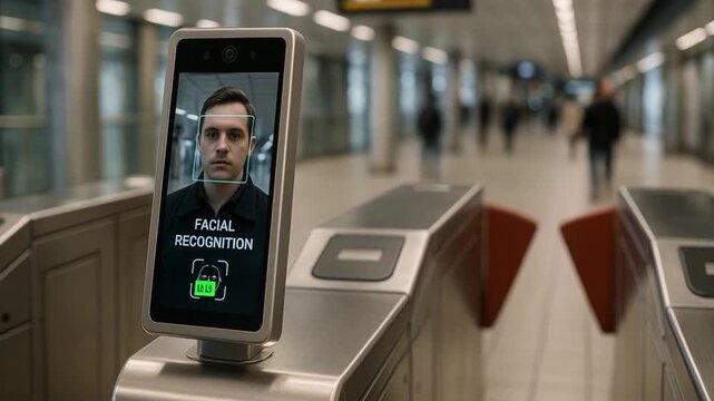 innovation in public policy concept. Facial recognition technology in a modern transit scene.