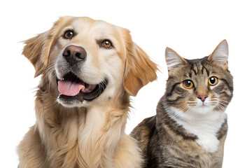 Fototapeta premium Portrait of happy dogs and cats looking at the camera together, isolated on a transparent background. 