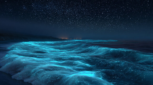 The mesmerizing beauty of bioluminescent waves under a starry sky. The glowing blue light illuminating the water, creating an ethereal scene. The waves crash gently on the shore. - Powered by Adobe