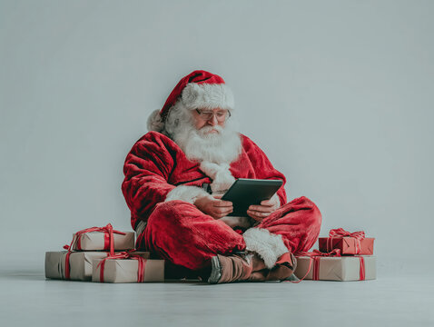 Modern Santa Claus in a vibrant red suit, sitting on the floor surrounded by colorful wrapped gifts, engaging with a tablet, embodying contemporary holiday spirit and technology - Powered by Adobe