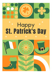 Modern St. Patrick's Day poster with typography, geometric shapes and Irish symbols. Abstract, trendy mosaic design with Irish flag, leprechaun hat and boot, rainbow, gold coin. Vector illustration