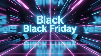 Abstract futuristic tunnel with neon light grid floor and glowing text for black friday sale promotion - Powered by Adobe