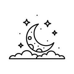 Crescent Moon, Stars, and Clouds Line Art Icon