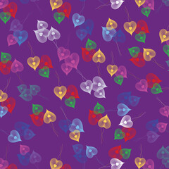 Obraz premium Colorful Abstract Hanging Heart Pattern on Deep Purple Background, Seamless Geometric Valentine’s Day Wallpaper