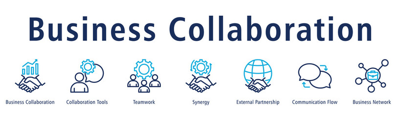 Business collaboration web banner icon vector illustration concept with icon of business collaboration, collaboration tools, teamwork, synergy, external partnership, and communication flow.