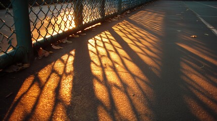 Fototapeta premium Sunset shadows create patterns on the ground near a fenced area in a park setting