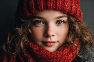 portrait of a 26-year-old girl model with long red hair in a mild snowstorm, outdoors