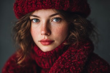 portrait of a 26-year-old girl model with long red hair in a mild snowstorm, outdoors