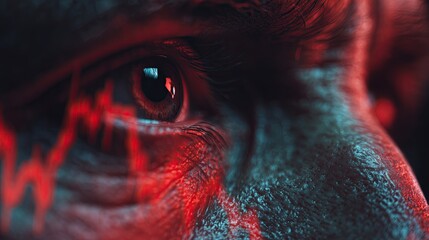 Extreme close-up of male face with financial stock graph reflections in red light