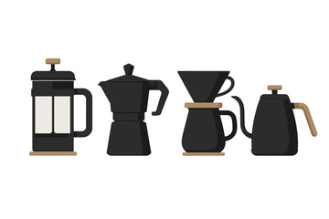Collection of black coffee brewing equipment arranged neatly on a white background for coffee enthusiasts and baristas