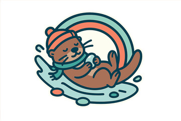 Cute otter enjoying a winter slide on a colorful swirl while wearing a cozy hat and scarf