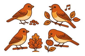 Colorful birds engaged in various activities among leaves and flowers during a serene afternoon