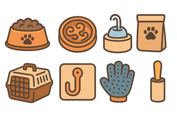 Pet supplies arranged in a neat layout featuring food, toys, grooming tools, and a carrier for animals