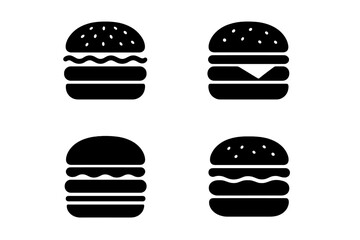 Four different burger icons showcased in a simple black and white design, highlighting variety and simplicity