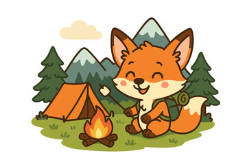 Happy fox enjoying a camping trip by the fire in a scenic mountain landscape