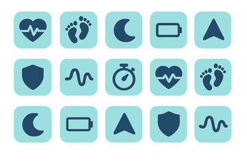 Health and fitness icons in different colors showing various aspects of wellness and activity tracking