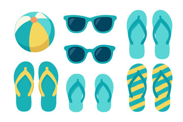 Summer beach essentials including sunglasses, flip flops, and a colorful beach ball laid out on a white background