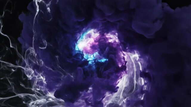 Seamless loop of ethereal swirling bright white energy mixing with deep indigo smoke within an infinite void haze, space, mystery
