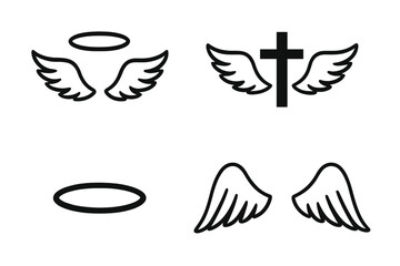 Various designs of angel wings and halo symbols for spiritual or religious themes