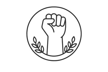 Symbol of empowerment featuring a raised fist surrounded by olive branches representing peace and solidarity
