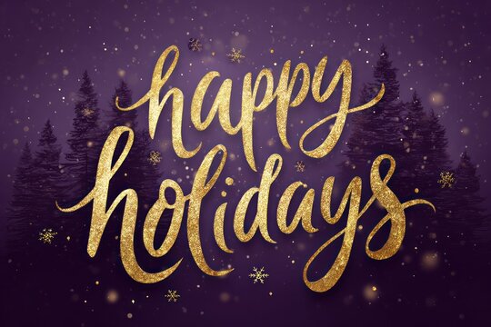 Elegant golden glitter happy holidays greeting on a dark winter night