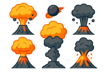 Colorful illustrations of volcanic eruptions with smoke and lava in different styles and perspectives