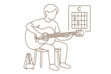 Guitar player practicing chords in a cozy room with a metronome and chord chart at the afternoon
