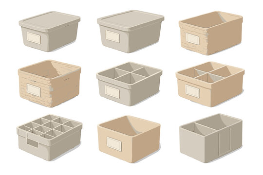 Variety of storage bins displayed in neutral colors arranged neatly on a white surface for organizing spaces