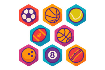 Colorful icons representing various sports including soccer, basketball, tennis, and more in a creative design layout