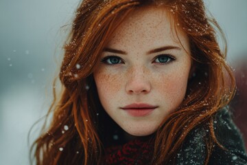 portrait of a 26-year-old girl model with long red hair in a mild snowstorm, outdoors