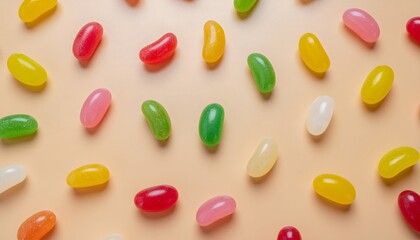 Colorful, glossy jellybeans scattered in an orderly pattern on a butterscotch-colored background.
