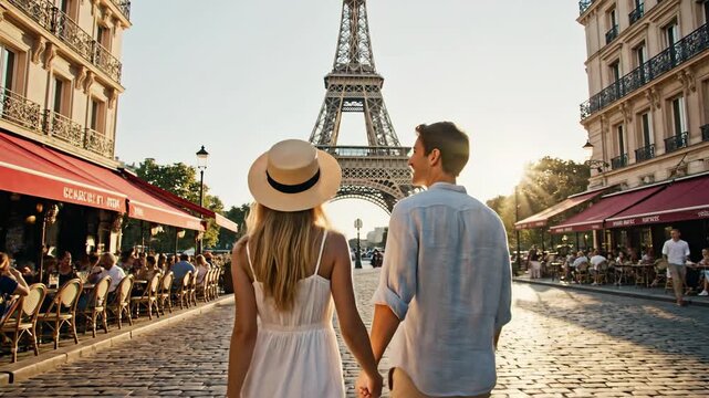 A couple walks hand-in-hand down a cobblestone street, towards an iconic landmark