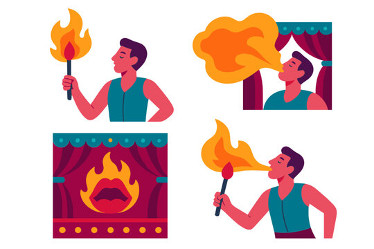 Fire performer showcases talent with flame breathing and torch skills during a vibrant stage act at a local festival