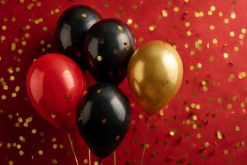 red, black, and gold balloons with golden confetti on a red background
