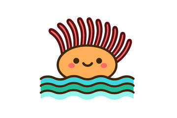 Cute cartoon axolotl swimming happily in wavy blue water with vibrant red gills during a sunny day
