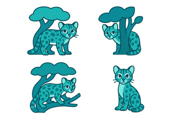 Colorful cartoon big cats with trees in a playful jungle setting