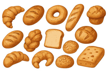 Various types of bread and baked goods arranged in a colorful pattern