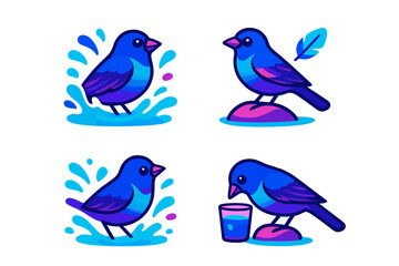 Colorful cartoon birds enjoying water and drinking from a glass in a playful setting