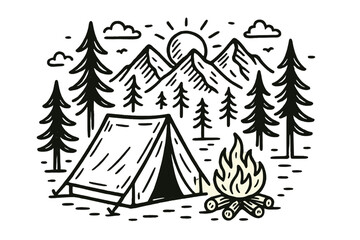 Camping in a serene mountain landscape with a campfire and tall trees at sunset