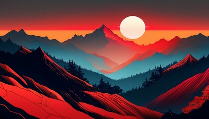 ai generative art beautiful mountainside with red sun