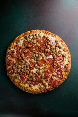 Pepperoni and Sausage Pizza – Top View, Close-Up Macro Shot