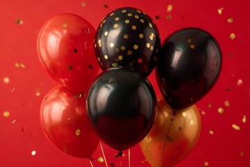 red, black, and gold balloons with golden confetti on a red background