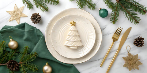 Elegant Christmas dinner table setting with festive gold decor and pine branches for a magical holiday celebration