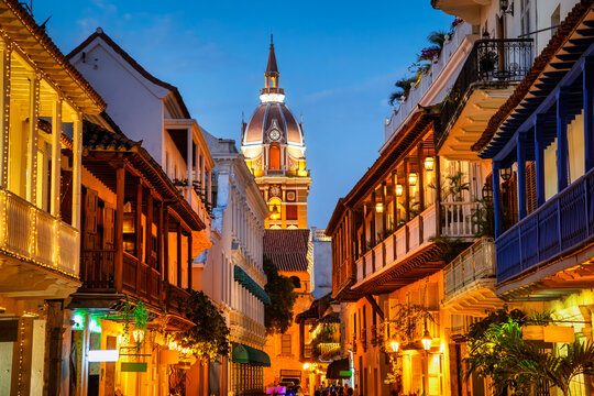 Cartagena historic Old town center at night, Colombia