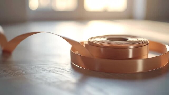 A roll of tan-colored ribbon sits on a wooden surface, sunlight creating soft shadows