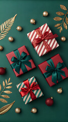 Elegant Christmas presents with glittering ornaments on deep green backdrop for festive holiday celebrations and joyful seasonal greetings background