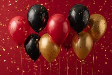 red, black, and gold balloons with golden confetti on a red background